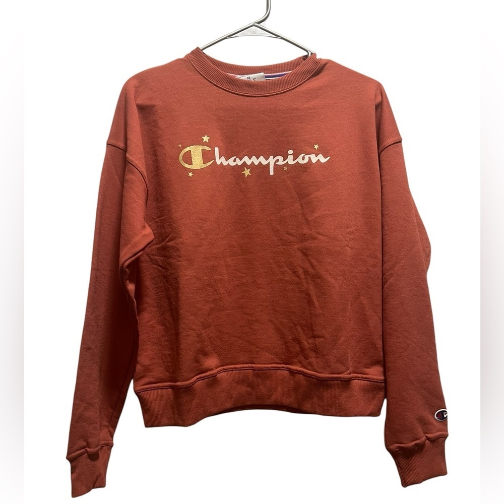 Champion crew neck rust brown stars gold white lettering academia gorpcore norm
